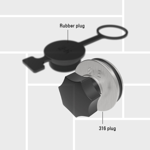 B25 Plugs, hose unit in 316, alum, PE & rubber